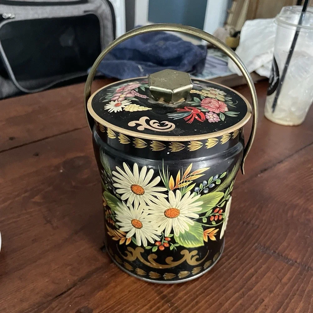 Vintage Floral Embossed Tin Pail Bucket W/ Lid Murray Allen Confections 5.5